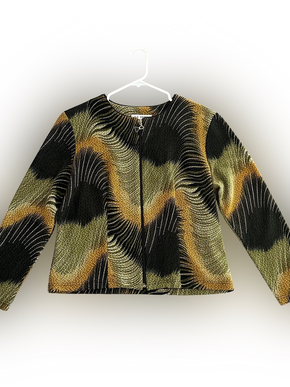 A&K Design Zip-Up  Textured Wave Print Jacket in Black, Olive, Gold. Size L
